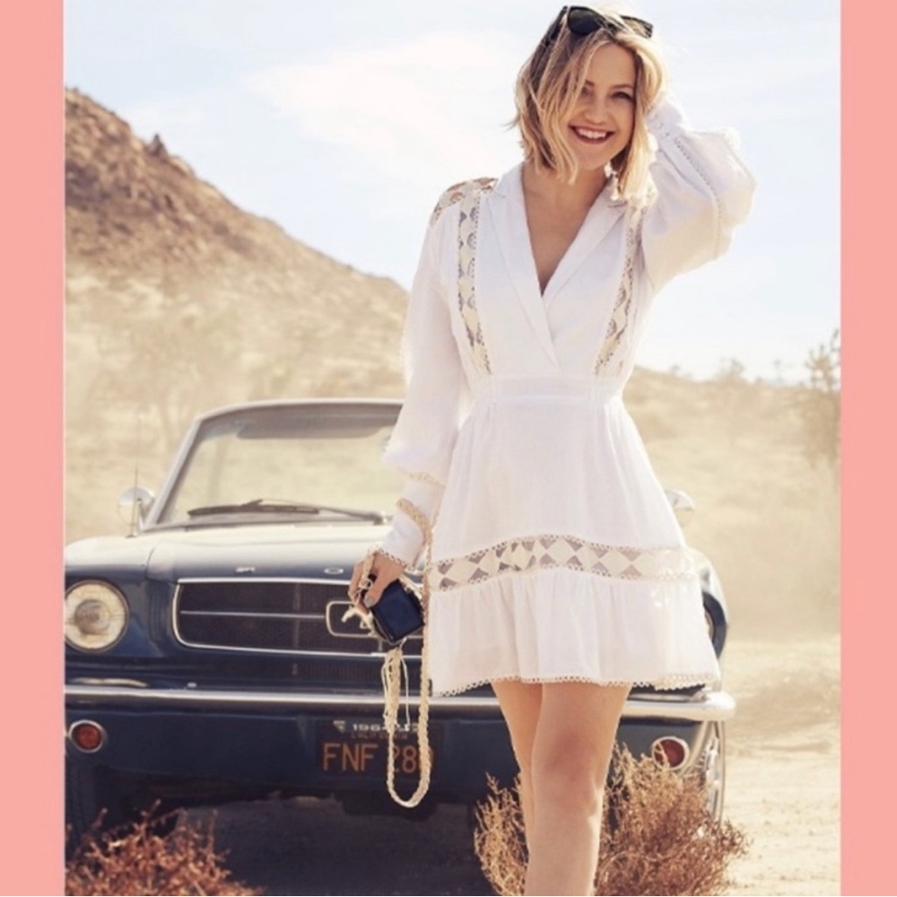 Kate Hudson Happy x Nature White Linen Crochet Mini Dress Size L EUC